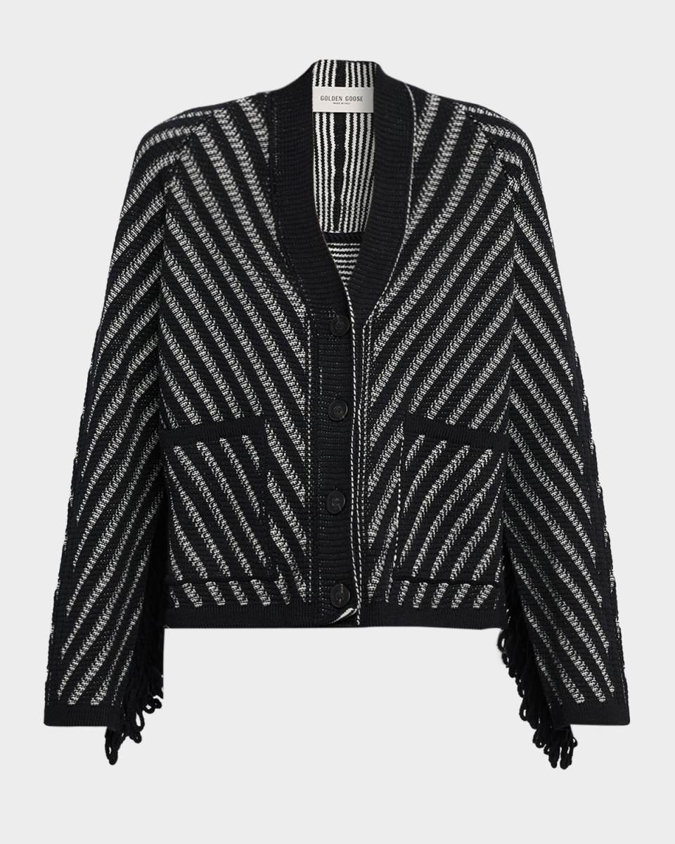 Journey Olidia Herringbone Jacquard Fringe-Trim Cardigan